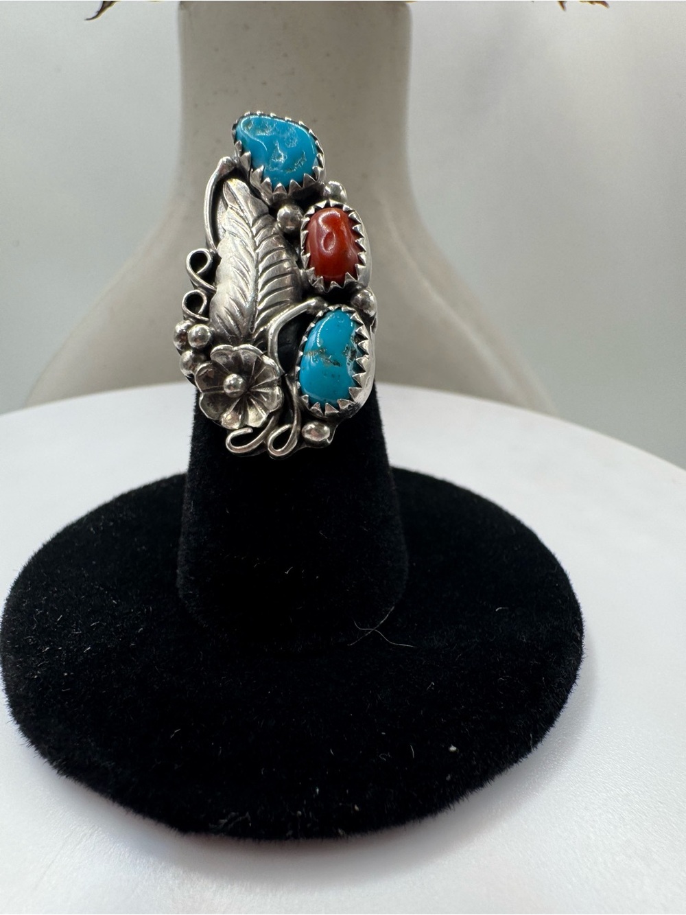 Vintage Navajo Sterling Silver Turquoise & Coral Silver Ring (Size 4.5)